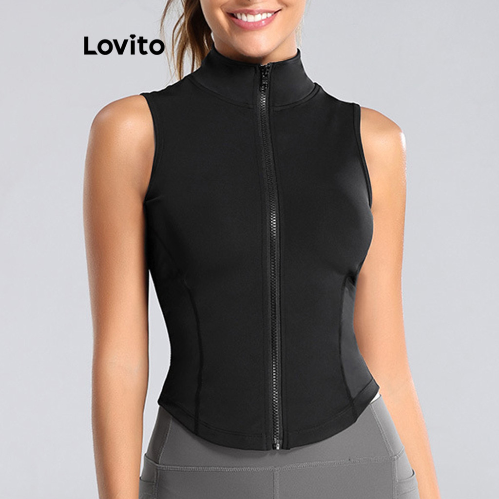 Lovito Camiseta esportiva esportiva com zíper liso para mulheres  LNL95398 - Sports & Outdoors