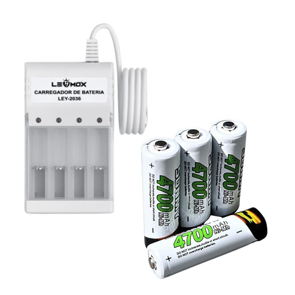 Kit Carregador De Pilhas E Baterias AA Mais Baterias 4700