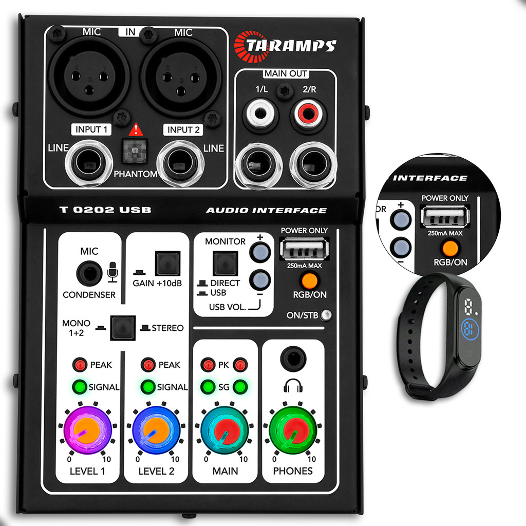 Mesa de Som Interface USB T0202 - PRETO - 2 Canais RGB XLR P10 Phantom Power 48v Taramps em Oferta na Shopee