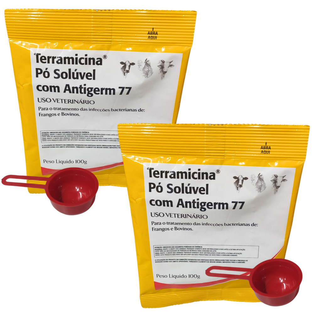 Kit 2 Terramicina Pó Solúvel Antigerm 77 Antibiótico 100g Aves Bovinos Suínos Coelhos + Dosador