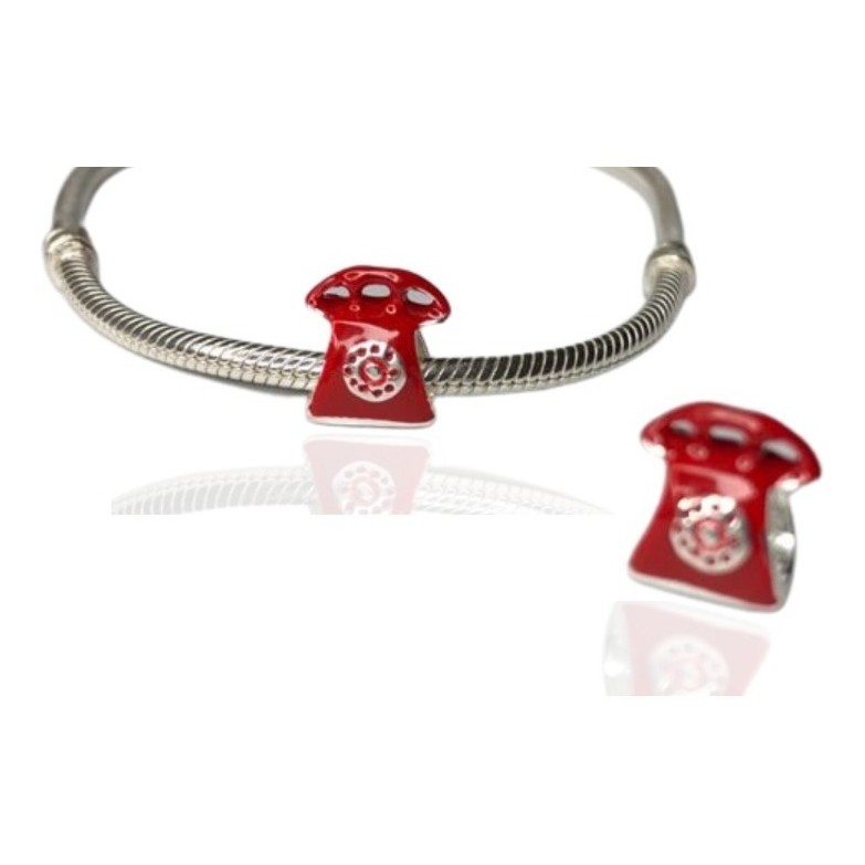 Berloque Pingente Telefone Retro Vermelho Em Prata 925