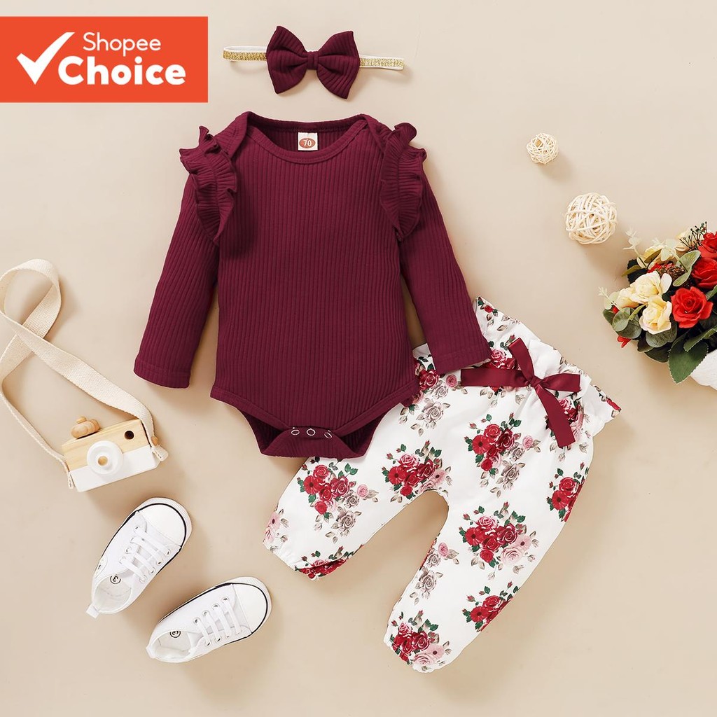 Conjunto de Roupas para Bebês Recém-Nascidos 0-12 Meses com Ruffle Manga Longa Fato de Banho Top Trouste Headband 3PCS