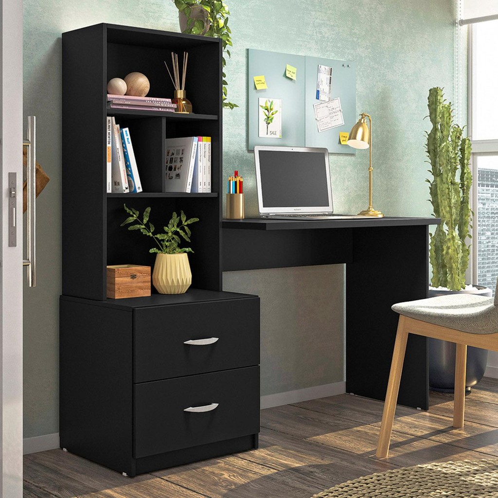 Mesa Escrivaninha Com Estante Livreiro 138cm Jay Preto Z49 - Mpozenato em Oferta na Shopee