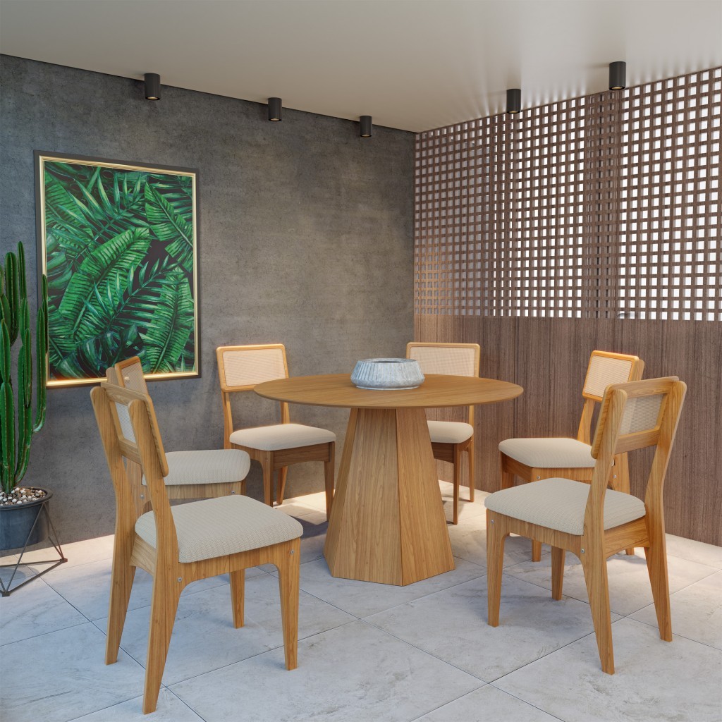 Conjunto Sala de Jantar Mesa Lisboa Base Hexagonal com 6 Cadeiras Tela Sintética Freijó/Bege Claro Rústico em Oferta na Shopee