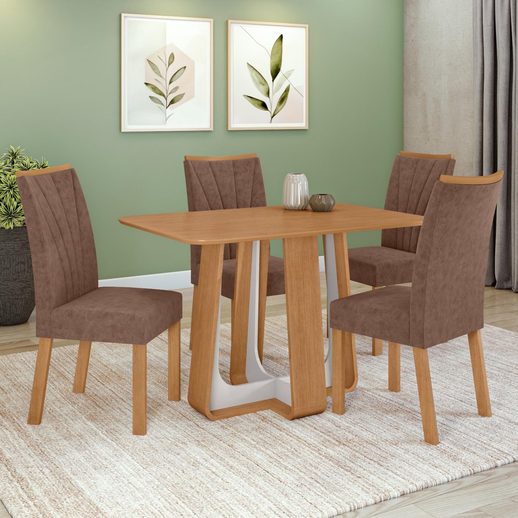 Conjunto Sala de Jantar Mesa Easy Pop 120x80cm Tampo MDF 4 Cadeiras Confort Couro Avelã Amêndoa/Off