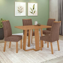 Conjunto Sala de Jantar Mesa Easy Pop 120x80cm Tampo MDF 4 Cadeiras Confort Couro Avelã Amêndoa/Off
