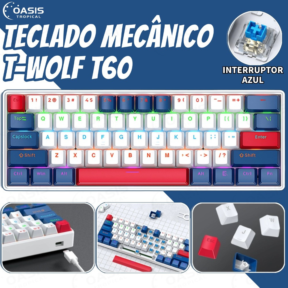 Teclado Mecânico 60 % Teclas Com Fio RGB Retroiluminado Para Jogos luxo leve Teclado de alta qualidade