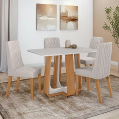 Conjunto Sala de Jantar Mesa Easy Pop 120x80cm Tampo Vidro/MDF 4 Cad Seat Linho Cinza Amendoa/off