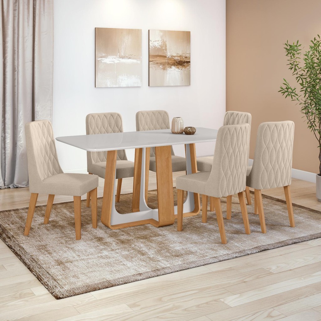 Conjunto Sala de Jantar Mesa Easy Pop 170x90cm Tampo Vidro/MDF com 6 Cadeiras Seat Veludo Naturale Creme Amendoa/Off em Oferta na Shopee