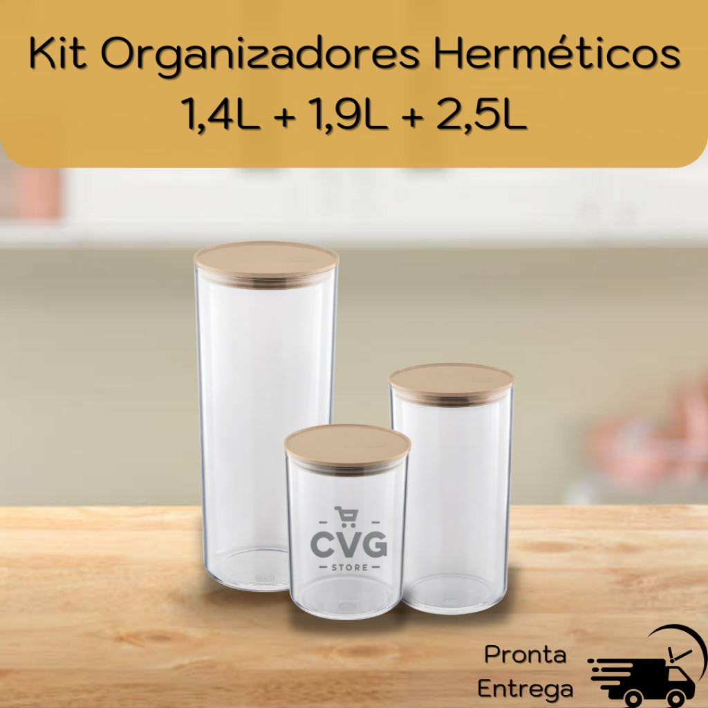 Kit Organizador Hermético de Alimentos Mantimentos Dispensa Armário 1,4L 1,90L e 2,5l  -UZ Utilidade
