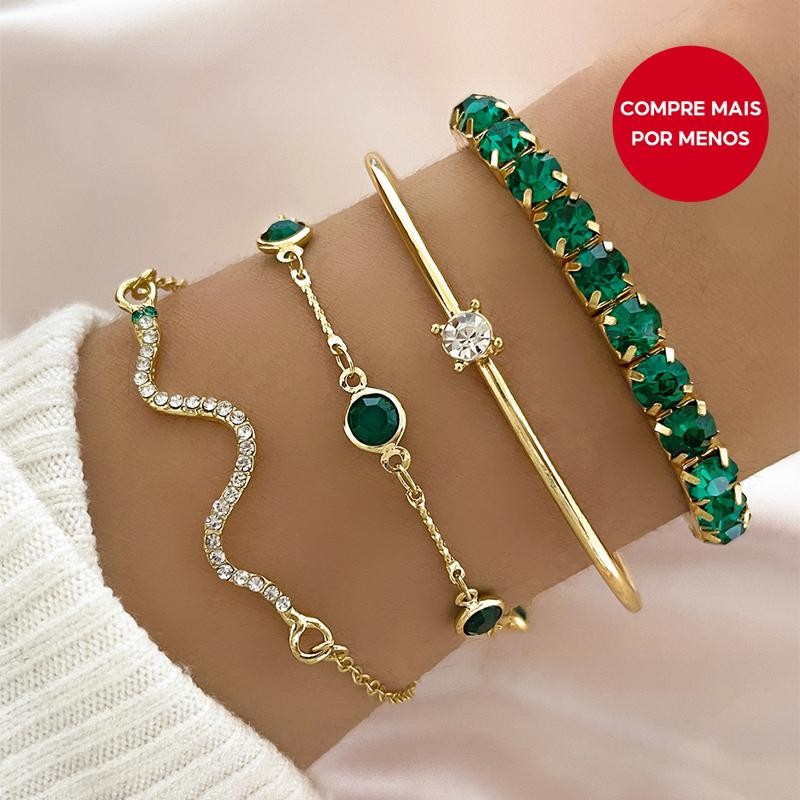 Conjunto De Pulseira Feminina De Serpente De Cristal Verde , 4 Peças , Joias Chiques Para ...
