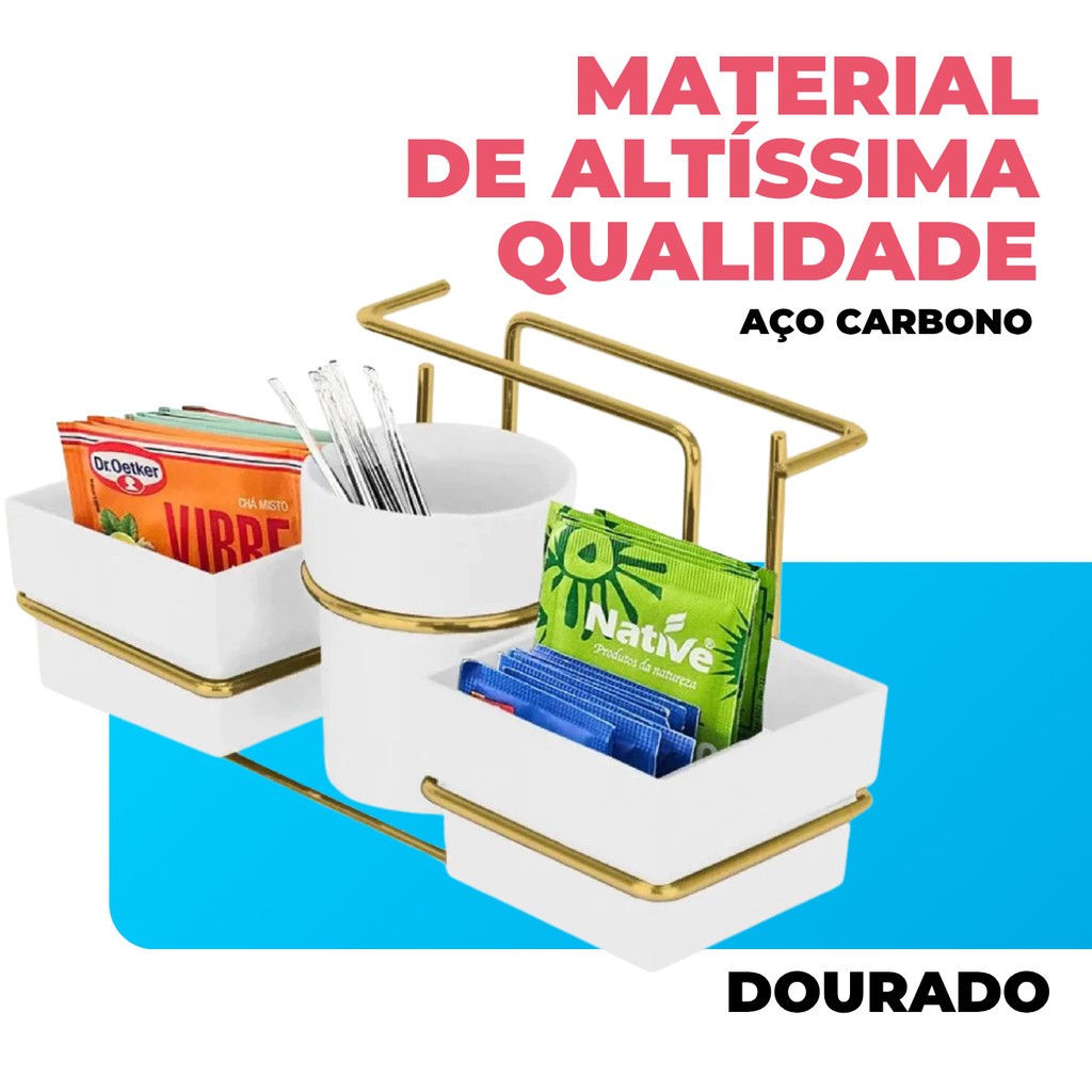 Detalhes do Suporte Organizador para Sachês de Açúcar Adoçante Mexedor Luxo Cantinho Cafe Branco Dourado Future