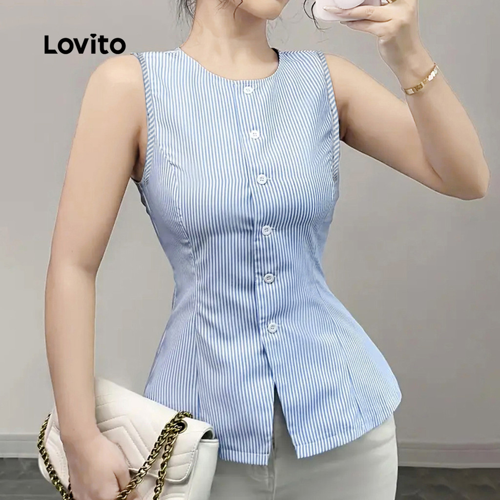 (Trendy) Lovito Regata Casual Listrada Com Botão Primavera/Verão Azul E Branca Para Mulheres L135A2D118 - Women Clothes