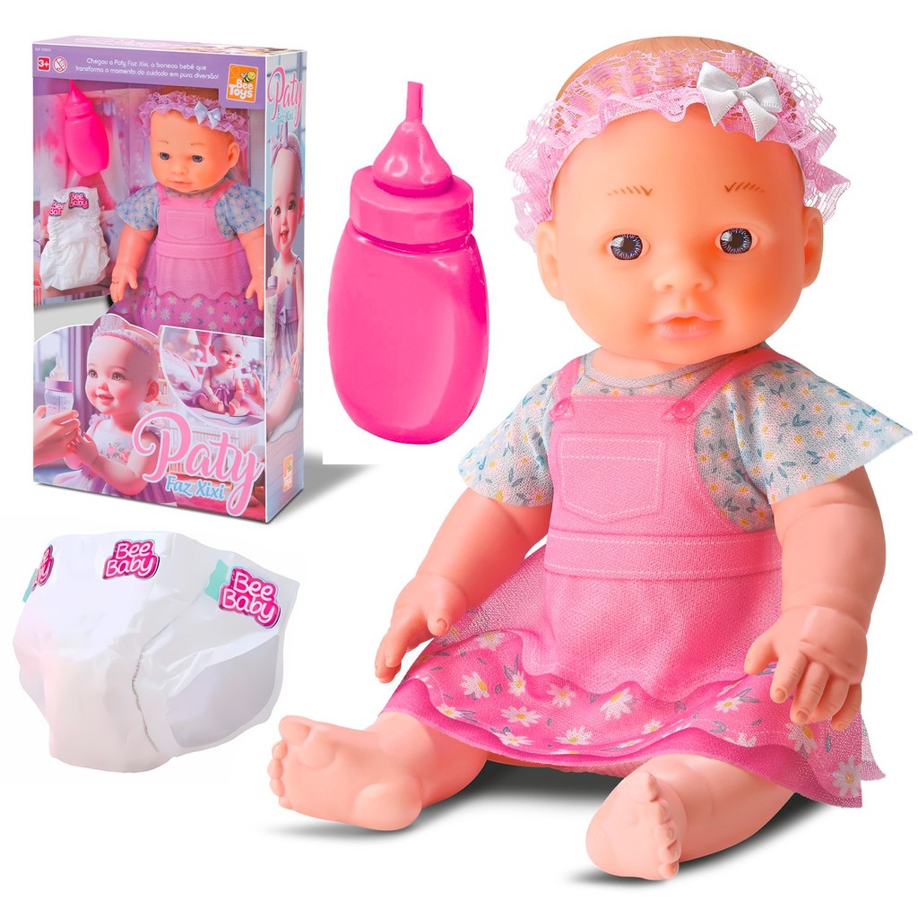 Paty Faz Xixi De Verdade Bee Toys Boneca Bebê Interativa Em Vinil Com Mamadeira E Fraldinha