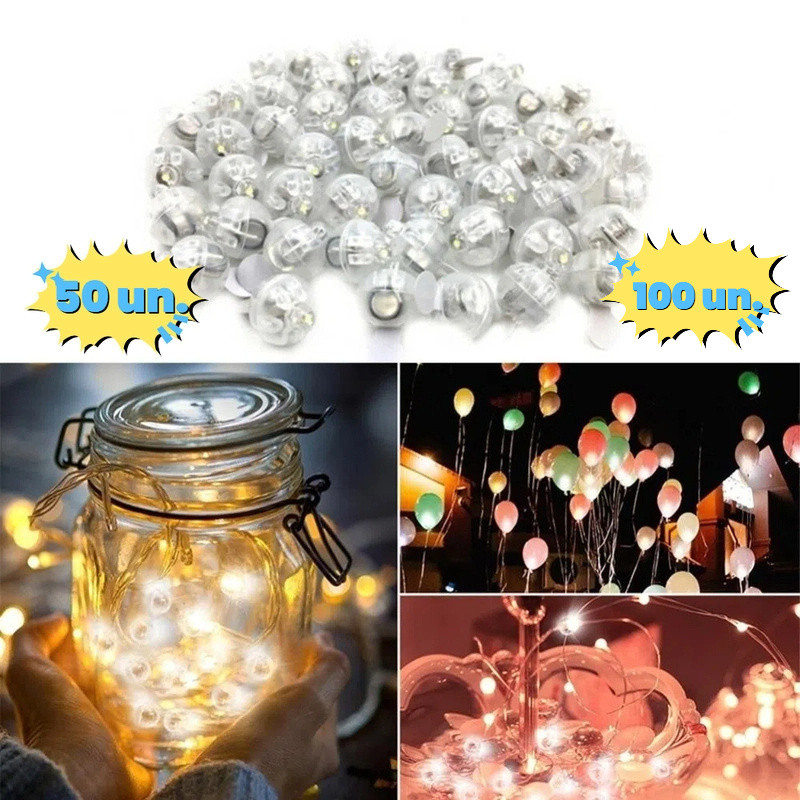 Mini Luz LED Bolinha Sem Fio p/ Decoração Balão e Garrafa Kit Com 50/100/150 Un Festa DIY