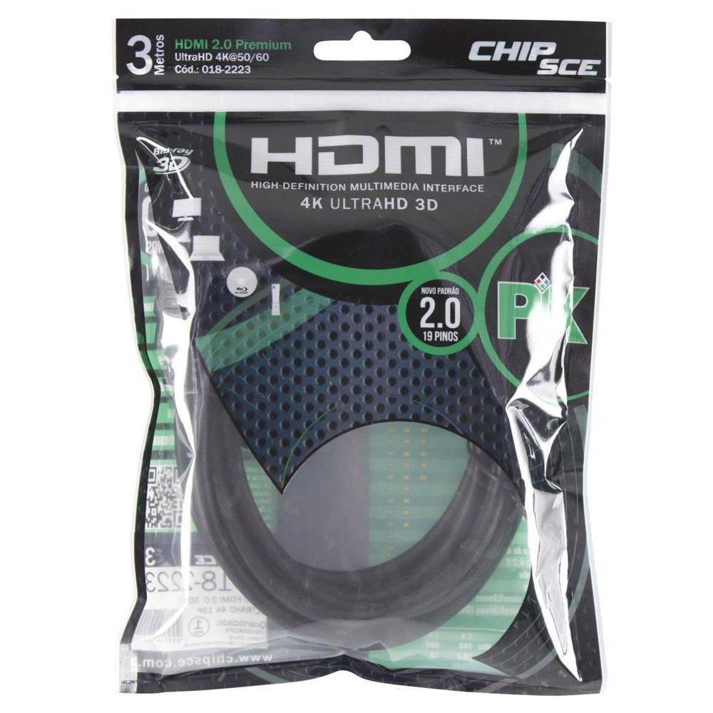 Cabo HDMI 2.0 Premium - 3 metros - 19 pinos - 4K UltraHD 3D - Chip SCE 018-2223 em Oferta na Shopee