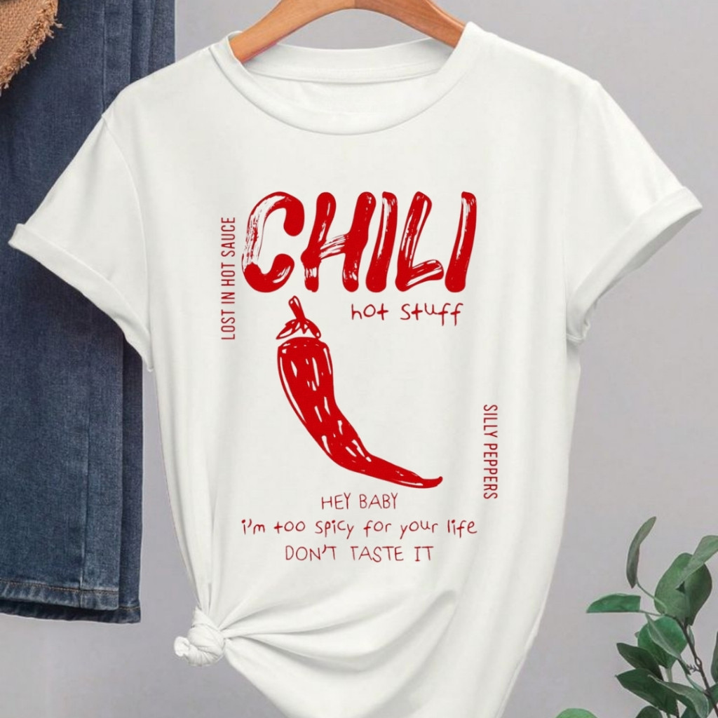 [Camiseta Premium em Algodão Puro]SISI Camiseta Feminina Camiseta de Algodão Básica Confortável Estilosa Pimenta Chili