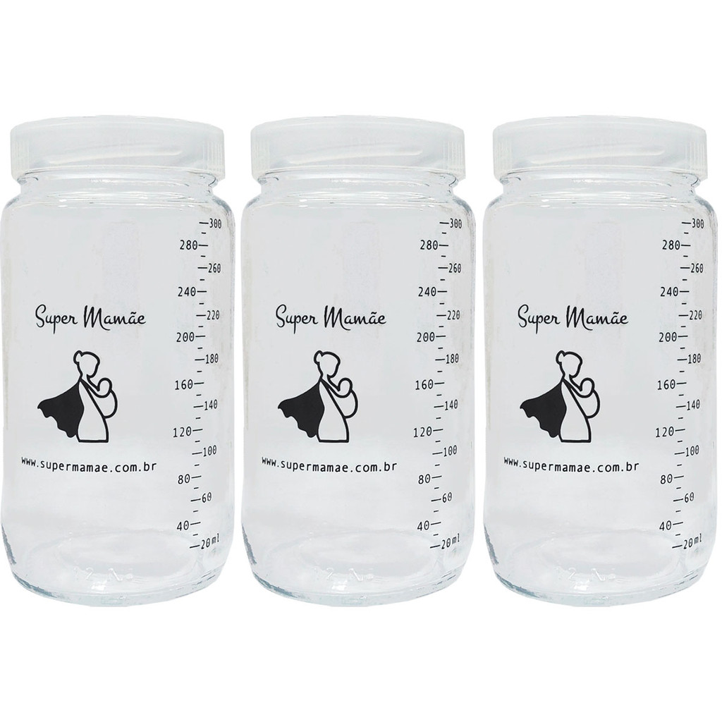 Potes Vidro para Armazenar Leite Materno Graduados 300ml  3 unidades Super Mamãe