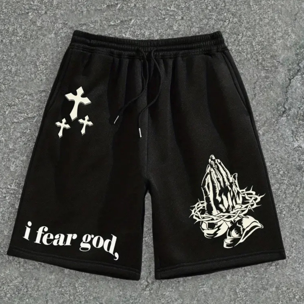 Shorts Moletom  EstampadoI Fear God Estilo Streetwear Oversized Flanelado