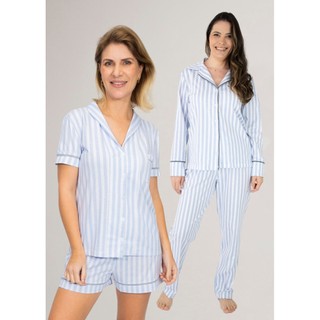 KIT 1 Pijama Americano Curto + 1 Pijama Americano Longo - Listrado Azul