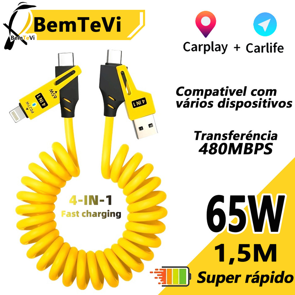 Cabo de caro Carplay 4 Em 1 USB/Tipo C Cabo De iPhone/Samsung/Motorola Telescópico De Tração De Mola De 1.5M