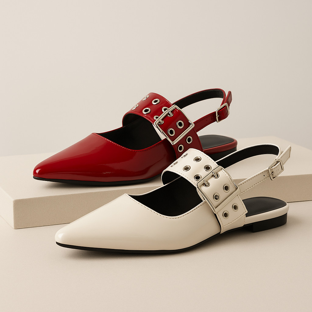 Sapatilha Slingback Mule Feminina Verniz Preta Bico Fino Fivela Moderna