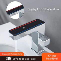 Torneira De Banheiro quadrado Com Display LED Temperatura Água Quente/Fria Bancada Misturadora Rotação de 360°
