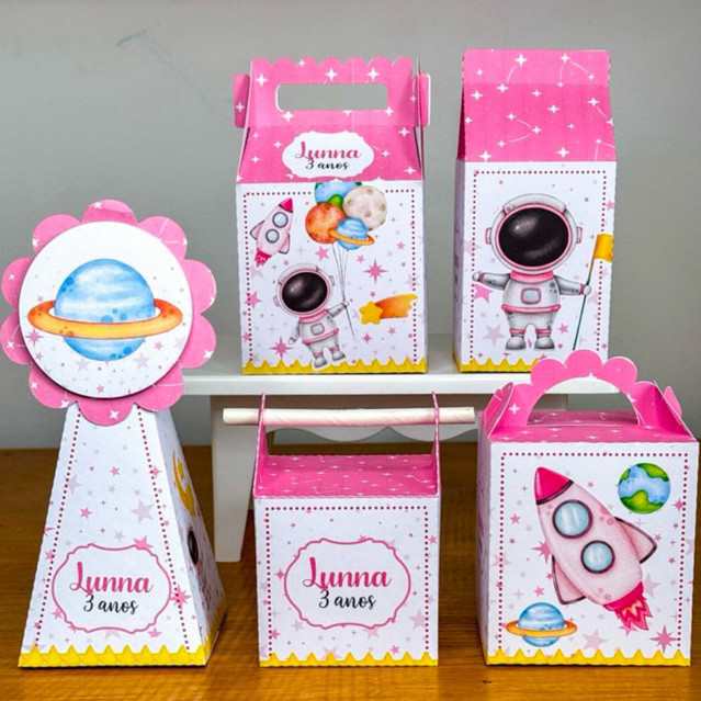 PEGUE E MONTE - Kit Festa Personalizados ASTRONAUTA MENINA Lembrancinhas Caixinhas para festa