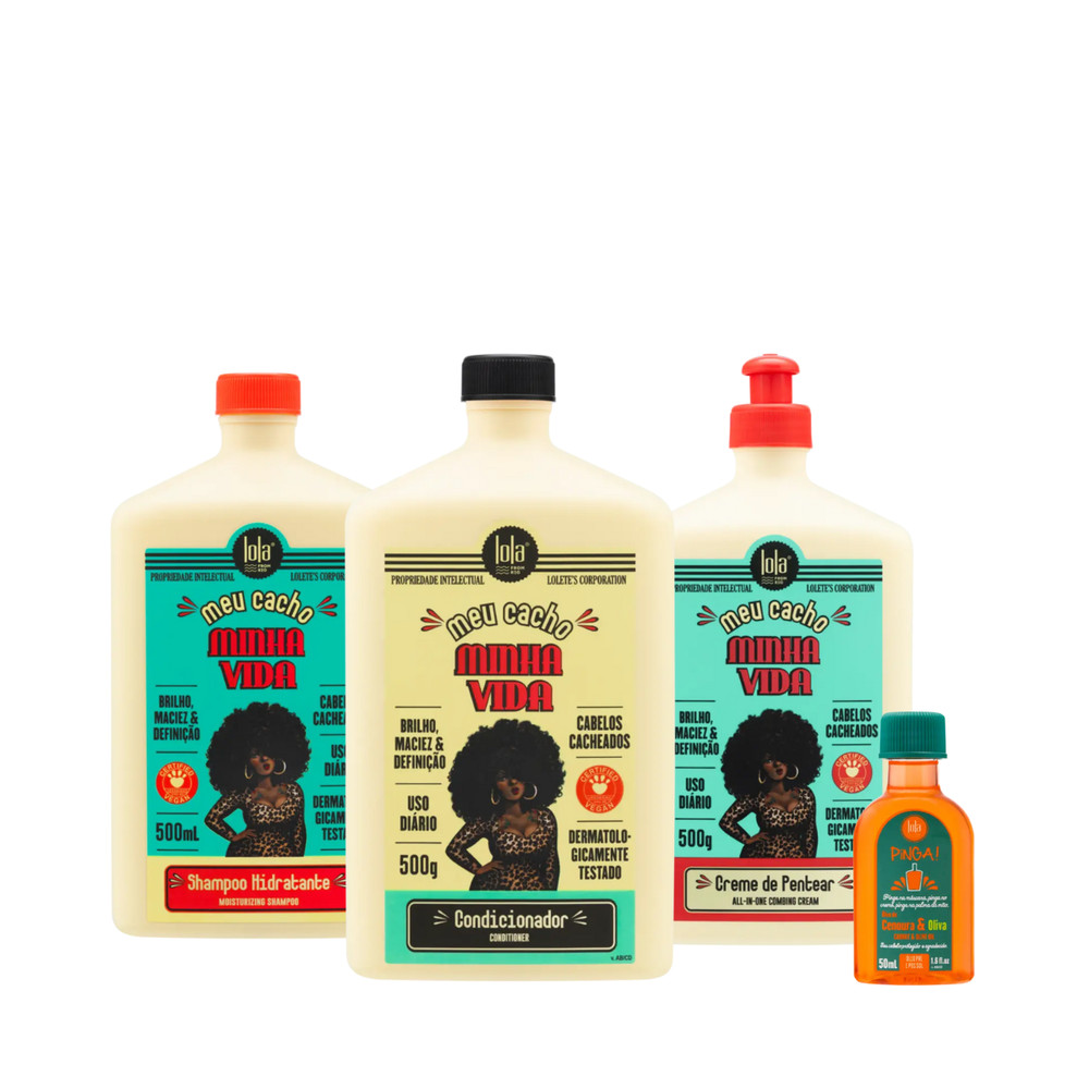 Kit Lola Meu Cacho Minha Vida Sh 500ml + Cond 500ml + Cpp 500ml + Pinga! Óleo Cenoura e Oliva 50ml