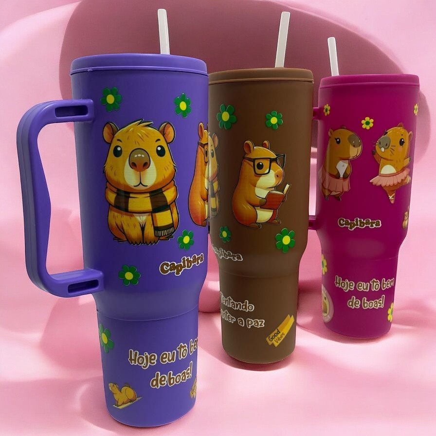 Copo com Canudo Personalizado da Capivara 1200ml Em Policarbonato + Brinde