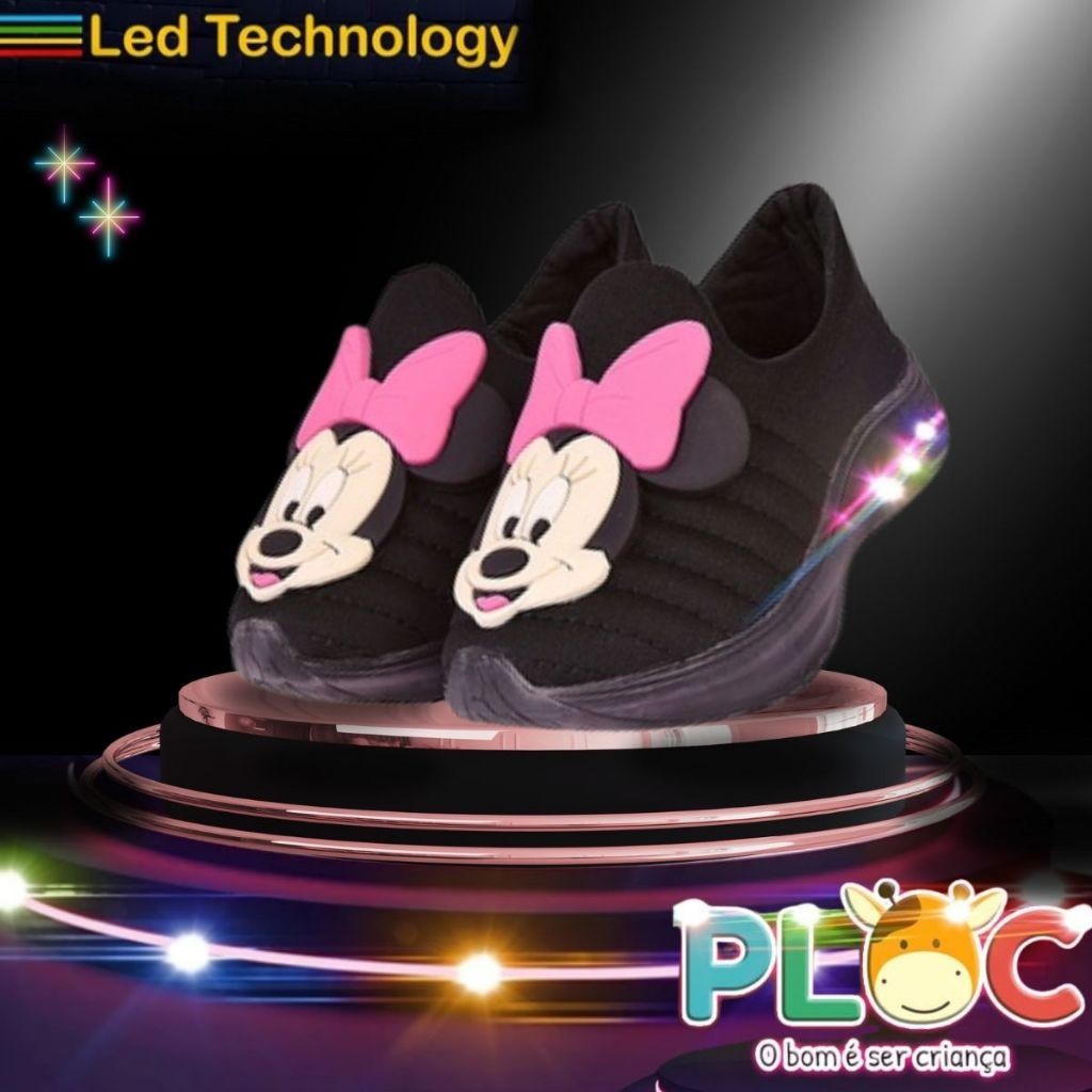 Tênis Led Infantil LED16 PRETO - MINNIE LAÇO PINK - Menina Calce Fácil Confortável Anatômico PLOC