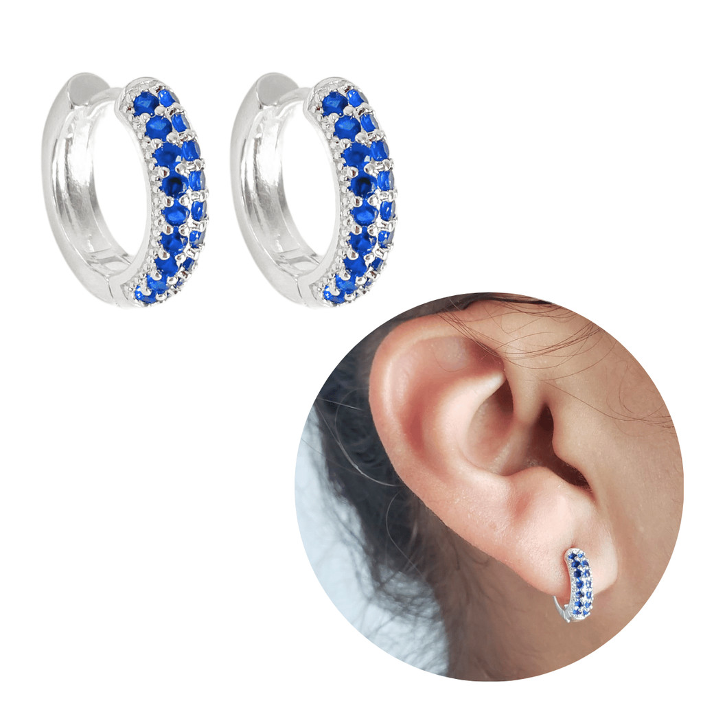 Brinco Argolinha Prata 925 clicker azul banhada cravejada