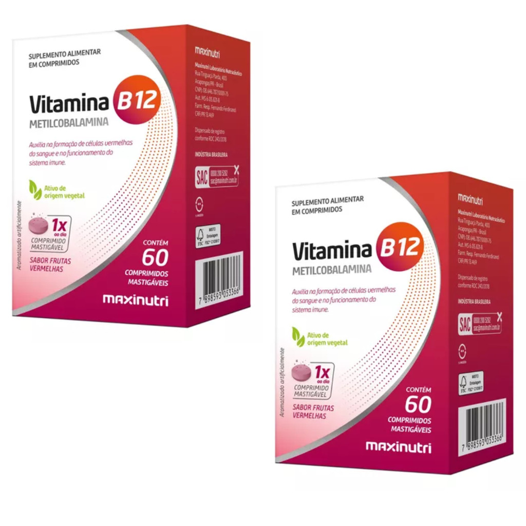 Vitamina B12 Mastigável Frutas Vermelhas 60 Cápsulas Kit 2 Un Energia Imunidade Memória Cérebro