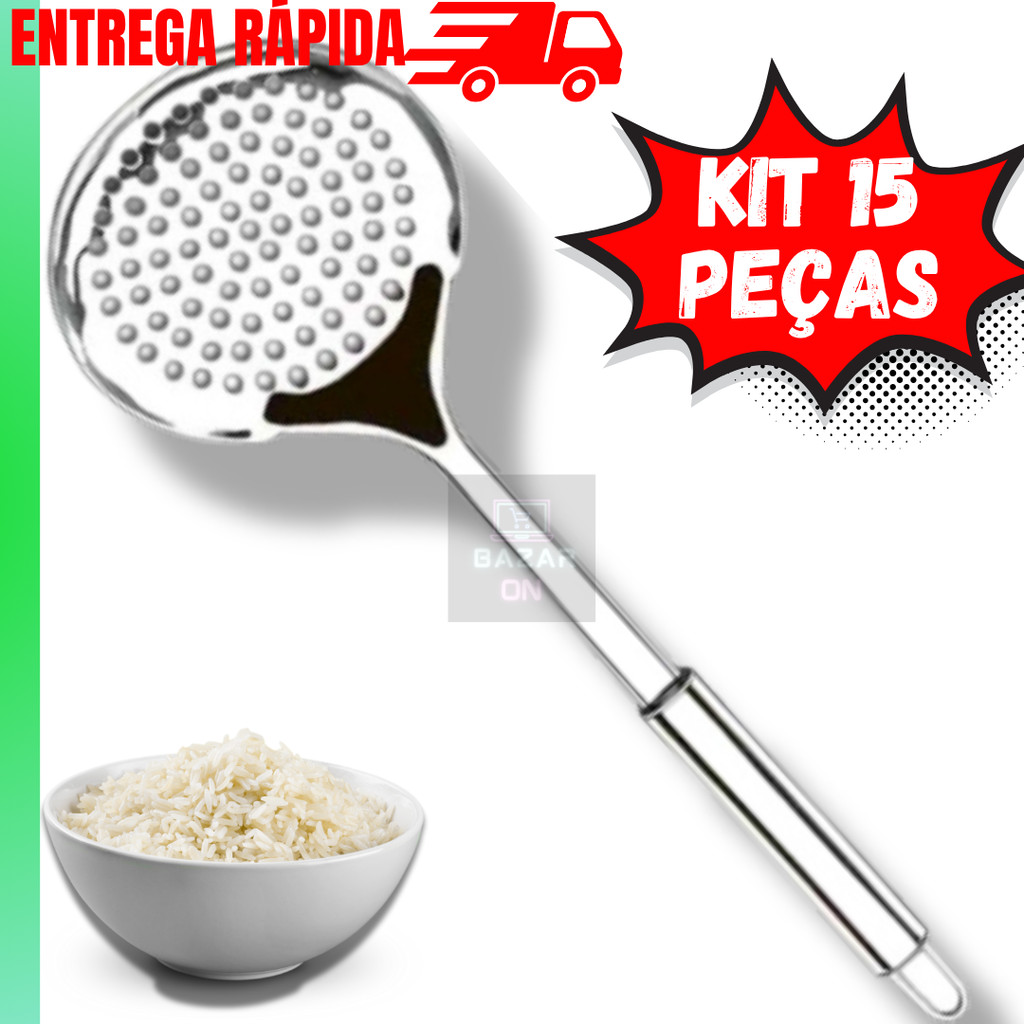 Kit 15 Escumadeira de Arroz em Aço Inox Para Fritura 32cm Cabo Ergométrico Utensílios de Cozinha