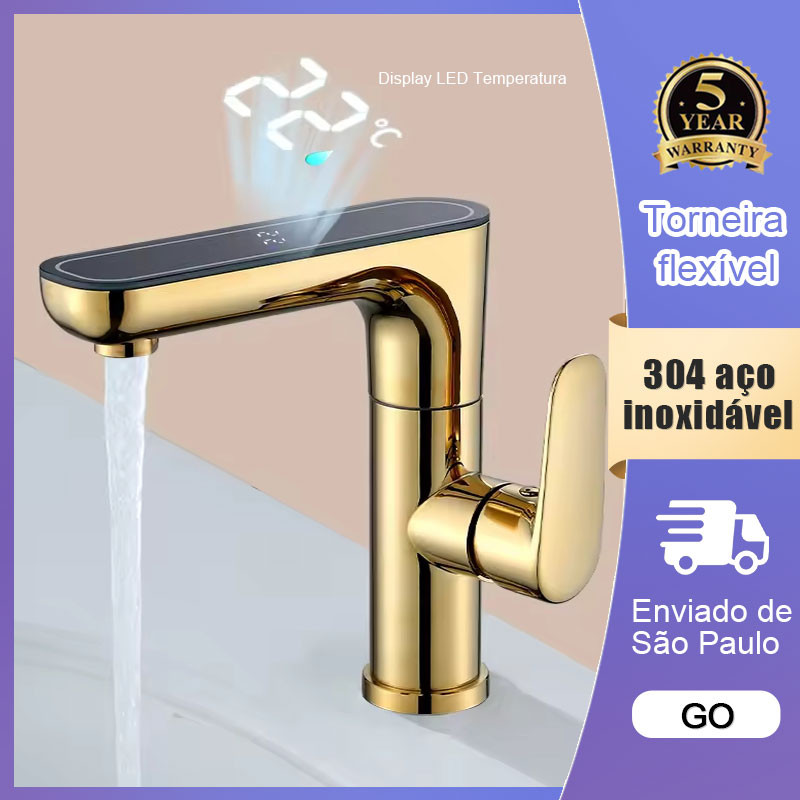 Torneira Misturadora Para Lavatório Iluminado Por LED Display Temperatura Banheiro Rotação de 360° Inox 304 Cor ouro