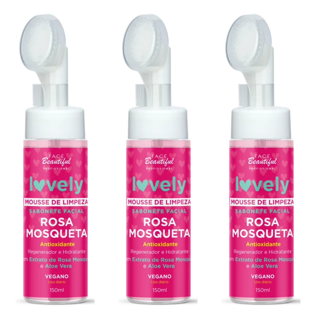 Sabonete Mousse Limpeza Facial Rosa Mosqueta Kit 3 Un 150ml Face Beautiful