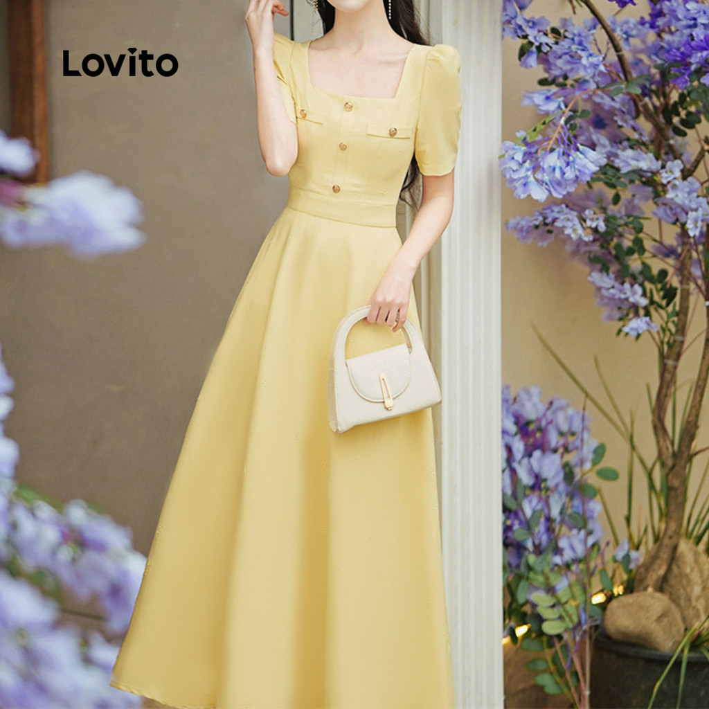 (Trendy) Lovito Elegante Vestido Amarelo De Metal Liso Com Bolso Falso Primavera/Verão Para Mulheres L134LD127 em Oferta na Shopee