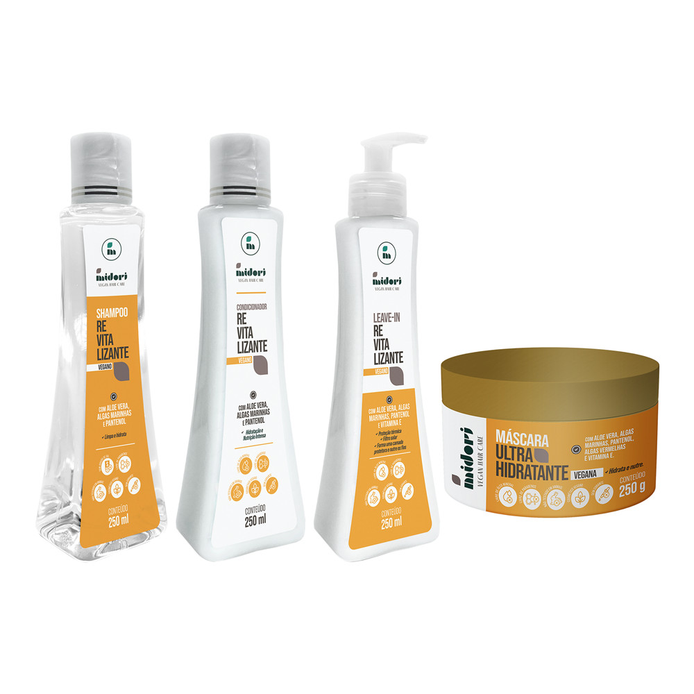 KIT TRATAMENTO CAPILAR VEGANO MIDORI 4 PRODUTOS: SHAMPOO + CONDICIONADOR + LEAVE-IN + MÁSCARA
