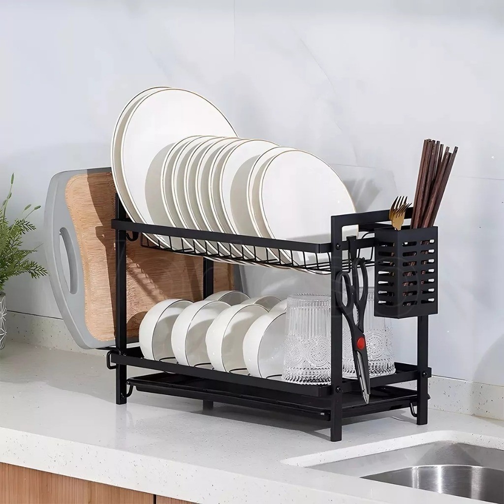 Escorredor de Louças Duplo Aço Inox Organizador de Louças Preto Inoxidável Rack