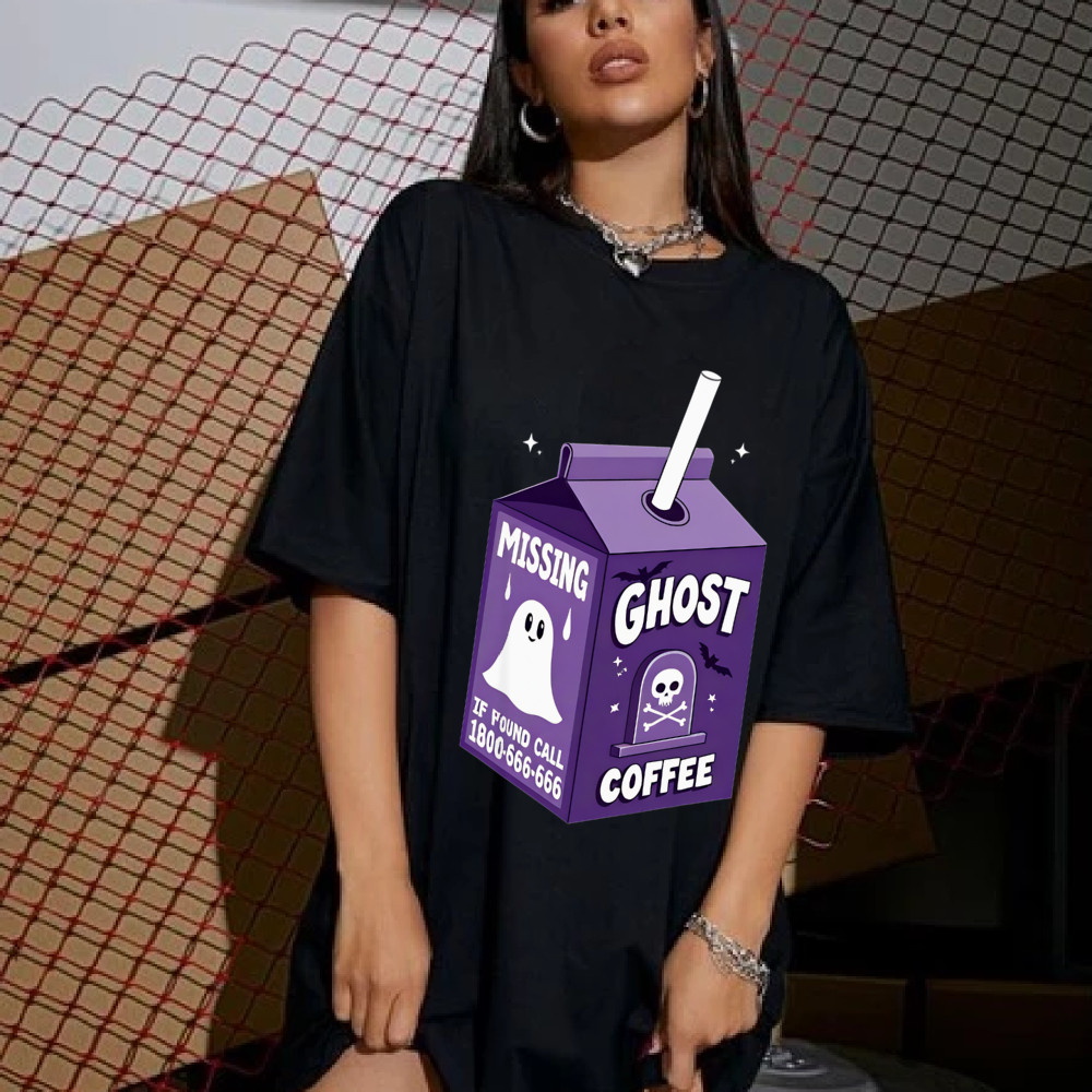 Camiseta Feminina Ghost Coffee Blusa Unissex Streetwear 2025 Novo Estampa Fantasma Bebida Moda Casual