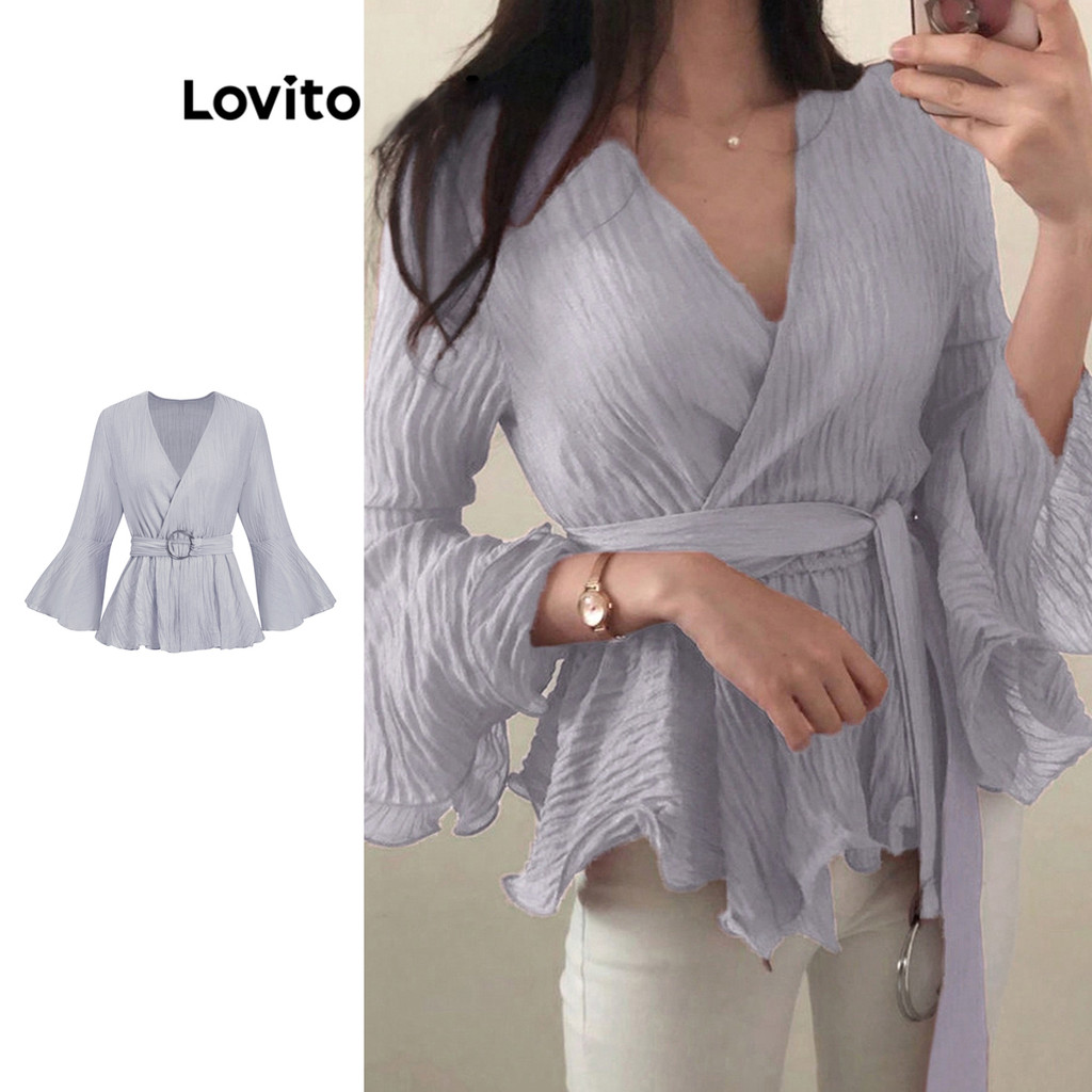 Lovito Blusa Casual Blusa Lisa Plissada Com Cinto Para Mulheres L99ED034 - Women Clothes