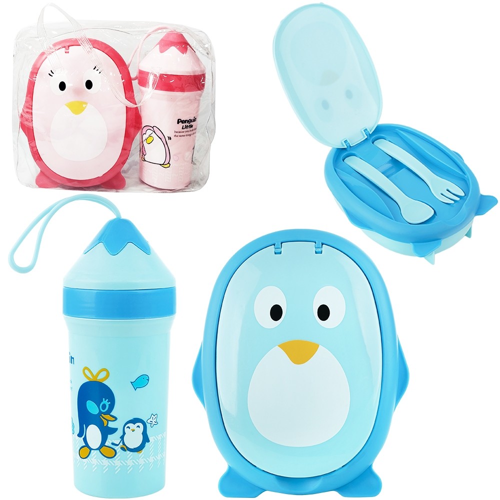 Kit Alimentacao / Papinha Viagem Marmita De Plastico Com Tampa + Colher + Garfo E Garrafa Squeeze
