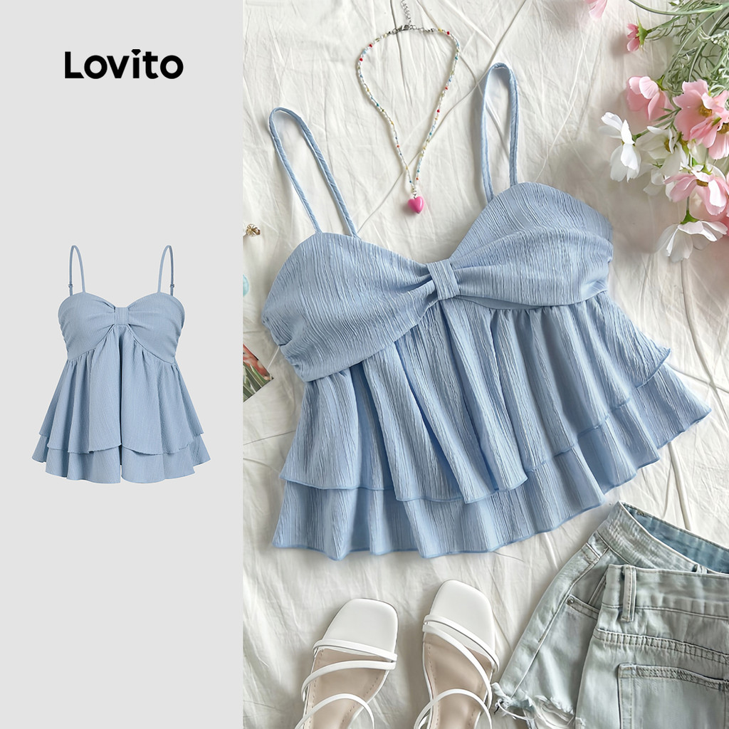 Lovito Regata Boho Lisa Com Babados Verão Primavera Azul Para Mulheres L134ED588 - Women Clothes