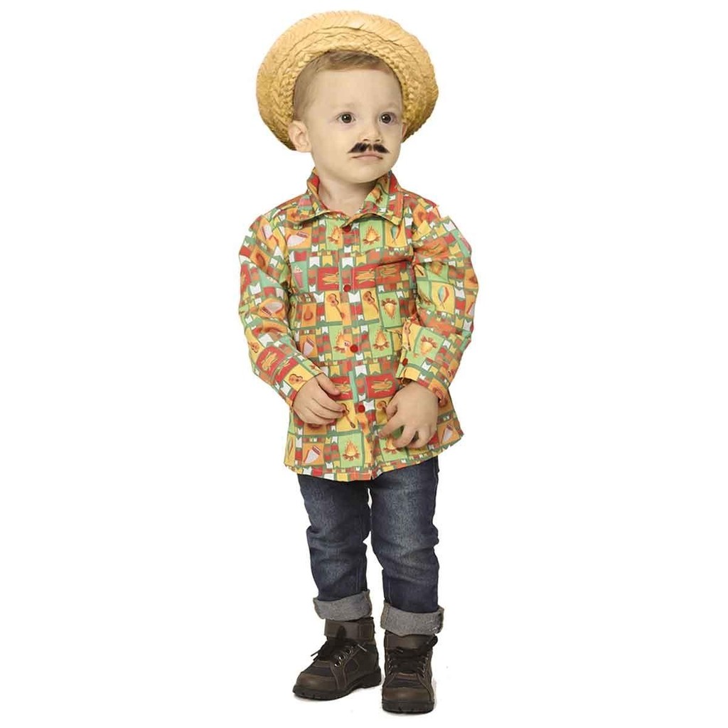 Camisa pra Bebe Menino de Festa Junina Manga Longa Blusa Caipira de São João com Botões
