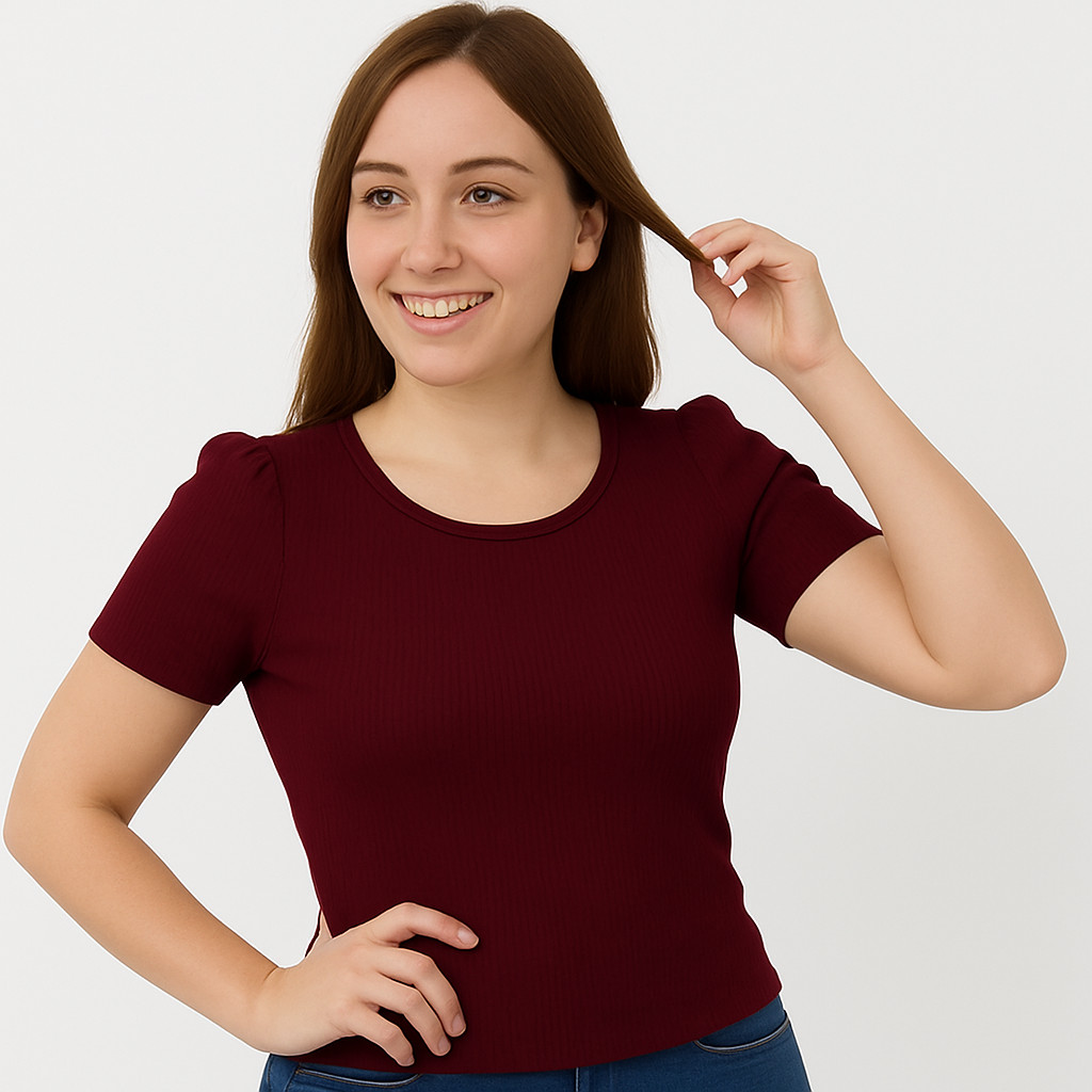 Blusa feminina lisa tendência gola rasa manga curta princesa blogueira