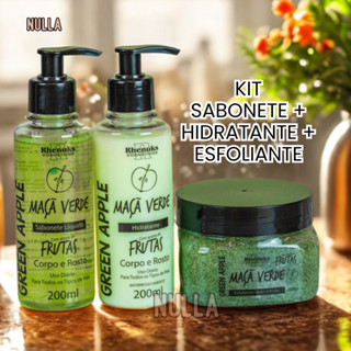 KIT SABONETE + HIDRATANTE + ESFOLIANTE MAÇÃ VERDE CORPO E ROSTO RHENUKS em Oferta na Shopee