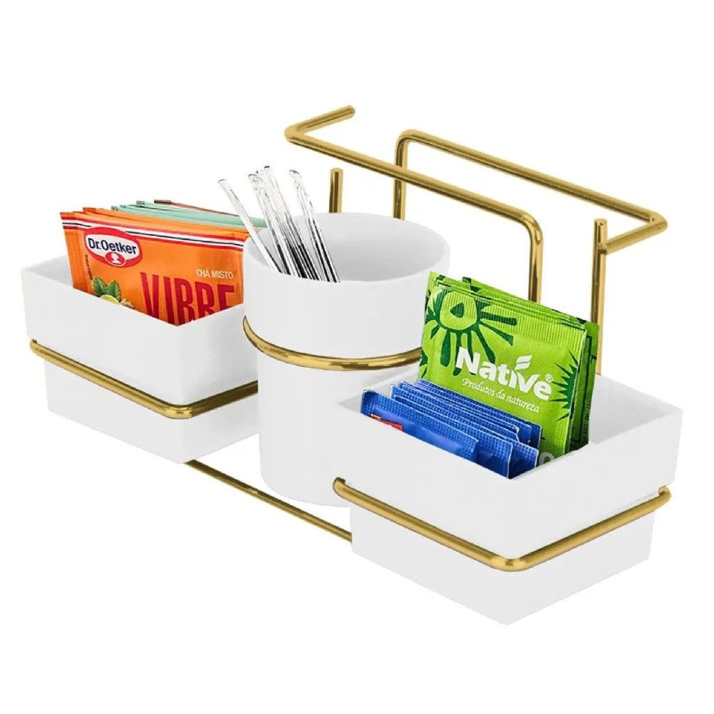 Suporte Porta Guardanapo Sachês Açúcar Chá Mexedor Adoçante Cor Branco Dourado