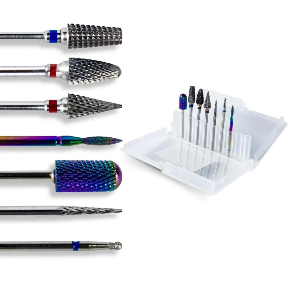 Kit 7 Brocas Tungstênio Diamantada Caixa Suporte Broca Unhas Gel Fibra Alongamento Lixa Manicure