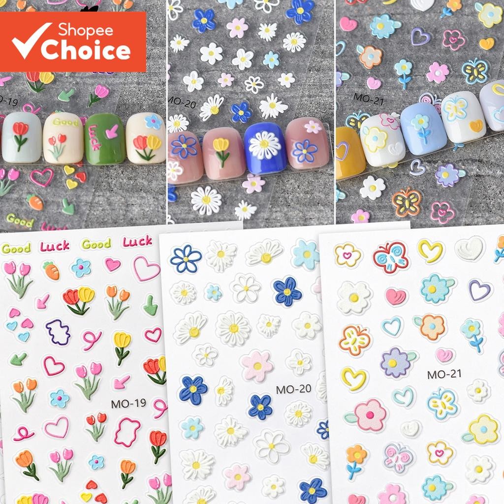 Monja 6 Opções De Adesivos De Unhas 3D Em Relevo Série De Flores Decalques Padrão De Folha Floral Coelho E Nuvens Apliqu