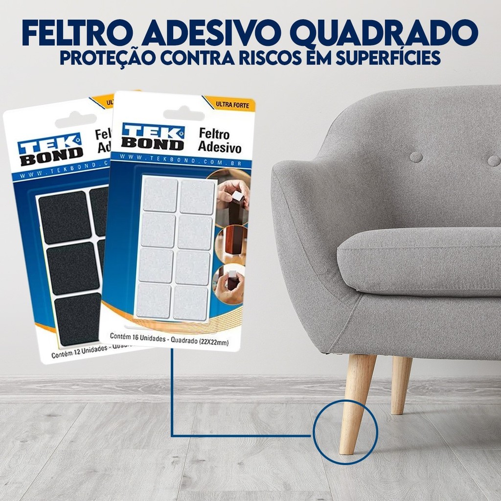 Protetor Pé Cadeira Feltro Quadrado Preto ou Branco 30mm com 12 Unidades Auto Adesivo
